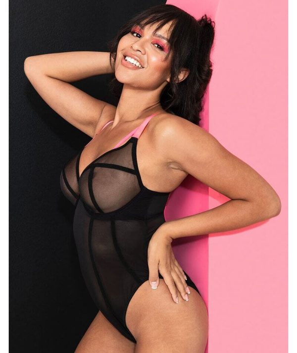 Curvy Kate Elementary Plunge Bodysuit - Black Pink Fashion