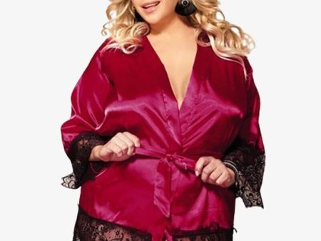 Curvy Elegant Satin Eyelash Lace Long Sleeve Short Robe Sleepwear with Thong - Red Hot on Sale