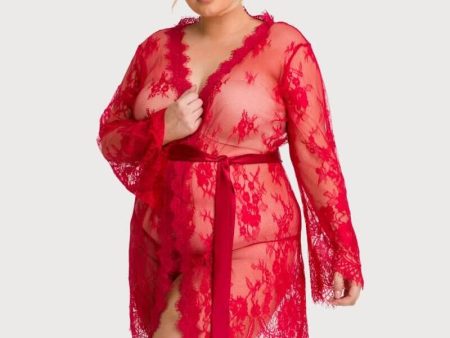 Curvy All Over Lace Long Sleeve Short Robe Sleepwear with Thong - Red Discount