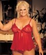 Curvy Mesh & Lace Cup Babydoll Nightdress with G-String - Red on Sale