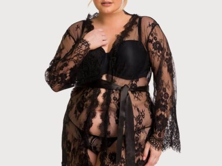 Curvy All Over Lace Long Sleeve Short Robe Sleepwear with Thong - Black Online now