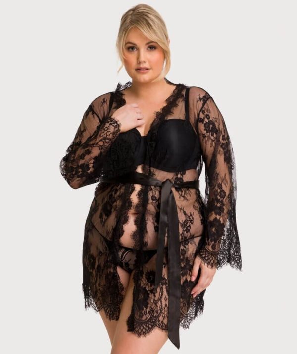 Curvy All Over Lace Long Sleeve Short Robe Sleepwear with Thong - Black Online now