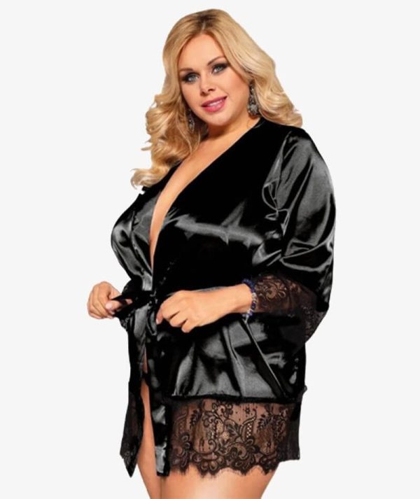 Curvy Elegant Satin Eyelash Lace Long Sleeve Short Robe Sleepwear with Thong - Black Fashion