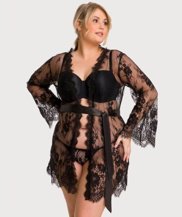 Curvy All Over Lace Long Sleeve Short Robe Sleepwear with Thong - Black Online now