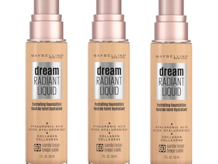 3x Maybelline Dream Radiant Liquid Hydrating Foundation 60 Sandy Beige 30ml For Sale