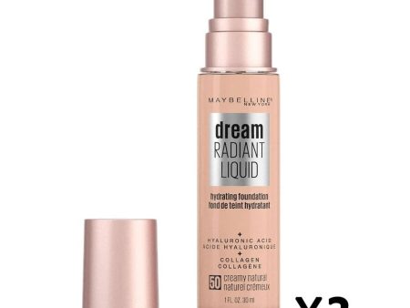 3x Maybelline Dream Radiant Liquid Hydrating Foundation 50 Creamy Natural 30ml For Cheap